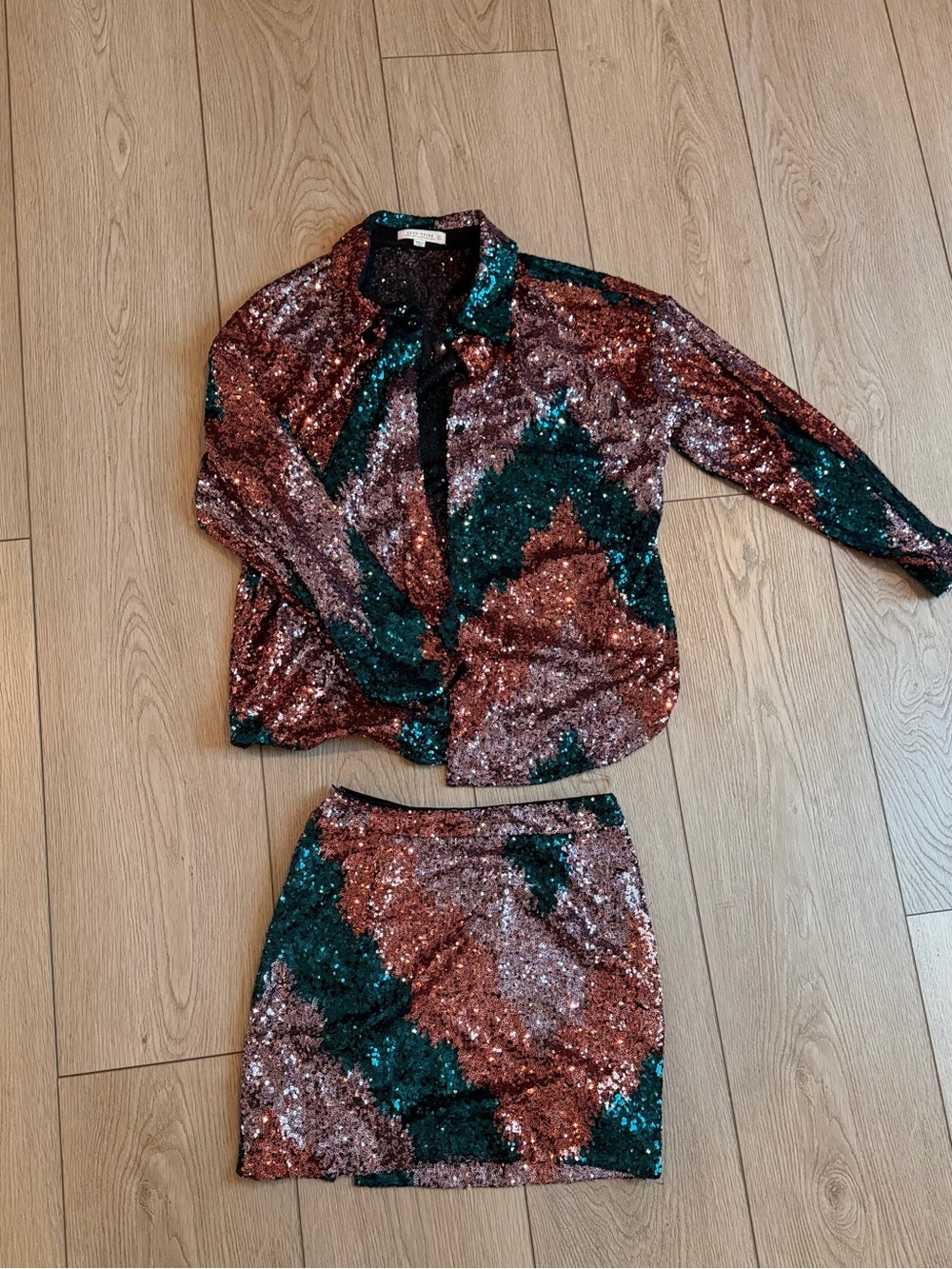 12th Tribe Copper, Teal & Black Sequin Blazer and Skirt Set